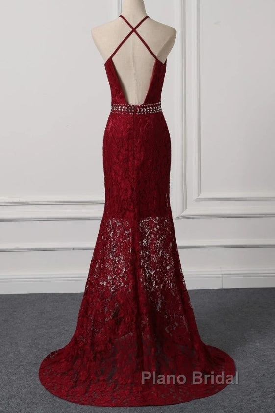 Beautiful Dark Red Lace Halter Beaded Evening Dresses, Mermaid Formal Prom Dresses