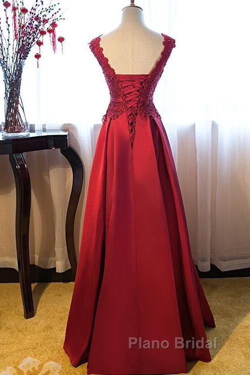 Beautiful Dark Red Lace Long Junior Formal Prom Dresses, Lace Top Party Dresses Secondary image