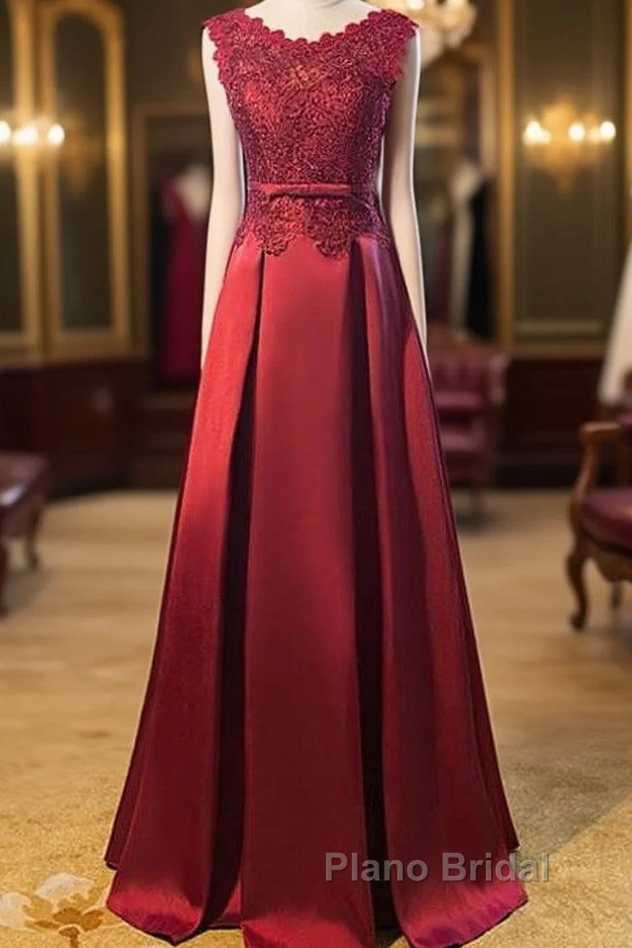 Beautiful Dark Red Lace Long Junior Formal Prom Dresses, Lace Top Party Dresses Main image