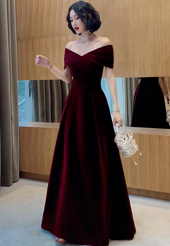 Beautiful Dark Red Velvet Off Shoulder Bridesmaid Dresses, A-Line Long Formal Prom Dresses Secondary image