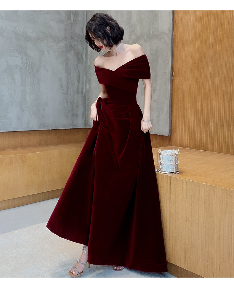 Beautiful Dark Red Velvet Off Shoulder Bridesmaid Dresses, A-Line Long Formal Prom Dresses