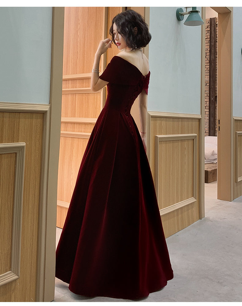 Beautiful Dark Red Velvet Off Shoulder Bridesmaid Dresses, A-Line Long Formal Prom Dresses
