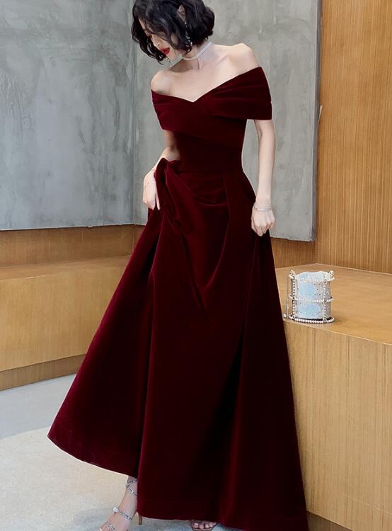 Beautiful Dark Red Velvet Off Shoulder Bridesmaid Dresses, A-Line Long Formal Prom Dresses