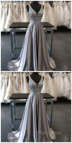 Beautiful Elegant Silver Grey Formal Prom Dresses,Beaded Formal Gowns,V Neck Formal Dresses,Special Occasion Dresses