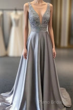 Beautiful Elegant Silver Grey Formal Prom Dresses,Beaded Formal Gowns,V Neck Formal Dresses,Special Occasion Dresses