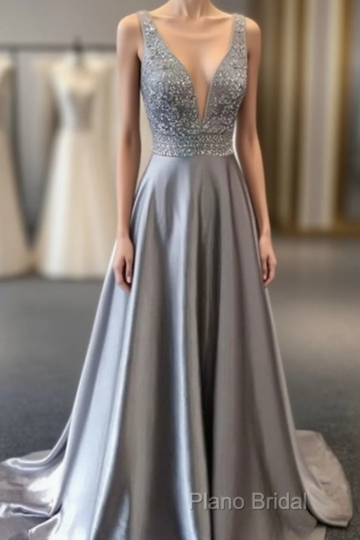 Beautiful Elegant Silver Grey Formal Prom Dresses,Beaded Formal Gowns,V Neck Formal Dresses,Special Occasion Dresses