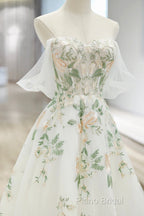 Beautiful Floral Lace Tulle Long Formal Prom Dresses, White Off The Shoulder Formal Party Dresses