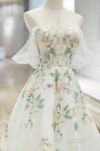 Beautiful Floral Lace Tulle Long Formal Prom Dresses, White Off The Shoulder Formal Party Dresses