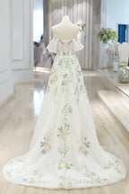 Beautiful Floral Lace Tulle Long Formal Prom Dresses, White Off The Shoulder Formal Party Dresses