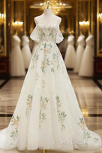 Beautiful Floral Lace Tulle Long Formal Prom Dresses, White Off The Shoulder Formal Party Dresses