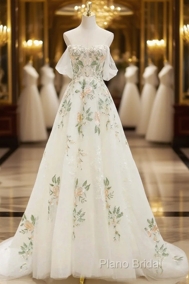 Beautiful Floral Lace Tulle Long Formal Prom Dresses, White Off The Shoulder Formal Party Dresses