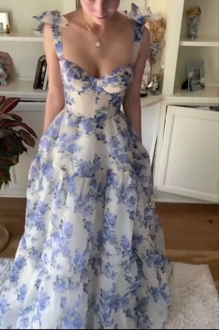Beautiful Floral Print Chiffon Long Formal Prom Dresses Formal Evening Dresses