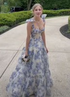 Beautiful Floral Print Chiffon Long Formal Prom Dresses Formal Evening Dresses