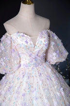 Beautiful Floral Tulle Pearl Sequins Formal Prom Dresses, A-Line Puffy Short Sleeve Evening Party Dresses