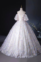 Beautiful Floral Tulle Pearl Sequins Formal Prom Dresses, A-Line Puffy Short Sleeve Evening Party Dresses