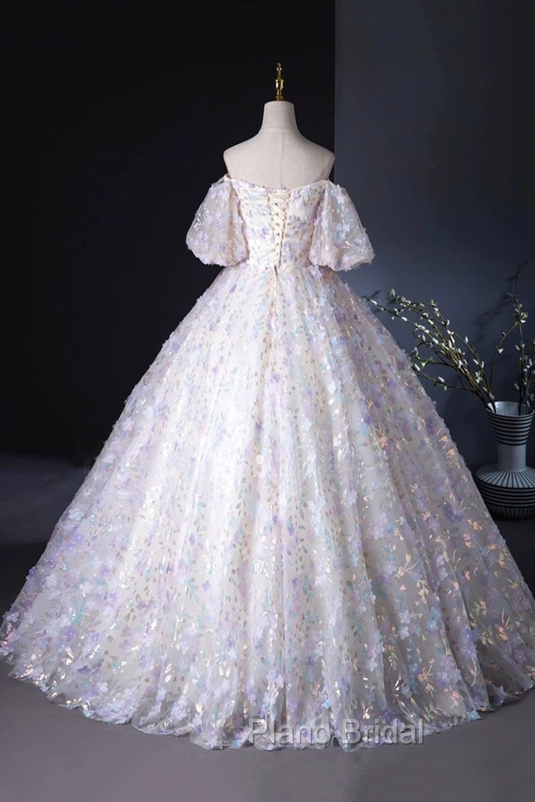 Beautiful Floral Tulle Pearl Sequins Formal Prom Dresses, A-Line Puffy Short Sleeve Evening Party Dresses