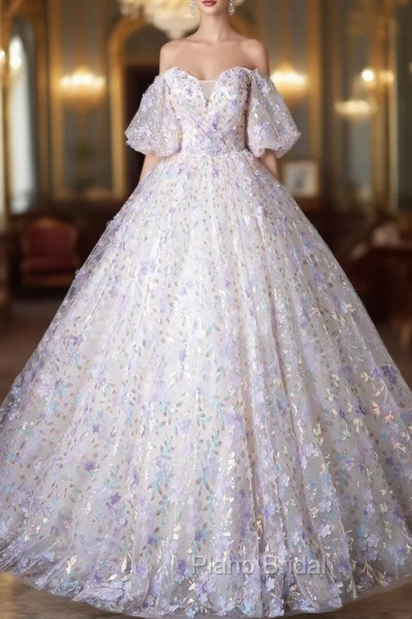 Beautiful Floral Tulle Pearl Sequins Formal Prom Dresses, A-Line Puffy Short Sleeve Evening Party Dresses Main image