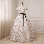 Beautiful Flowers Ball Gown Long Party Dresses, Short Sleeves Formal Prom Dresses