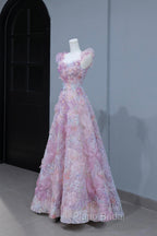 Beautiful Flowers Tulle Long Formal Dresses, Purple Pink A-Line Evening Dresses