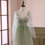 Beautiful Gradient Tulle Green Beaded Long Sleeves Party Dresses, Green Formal Dresses