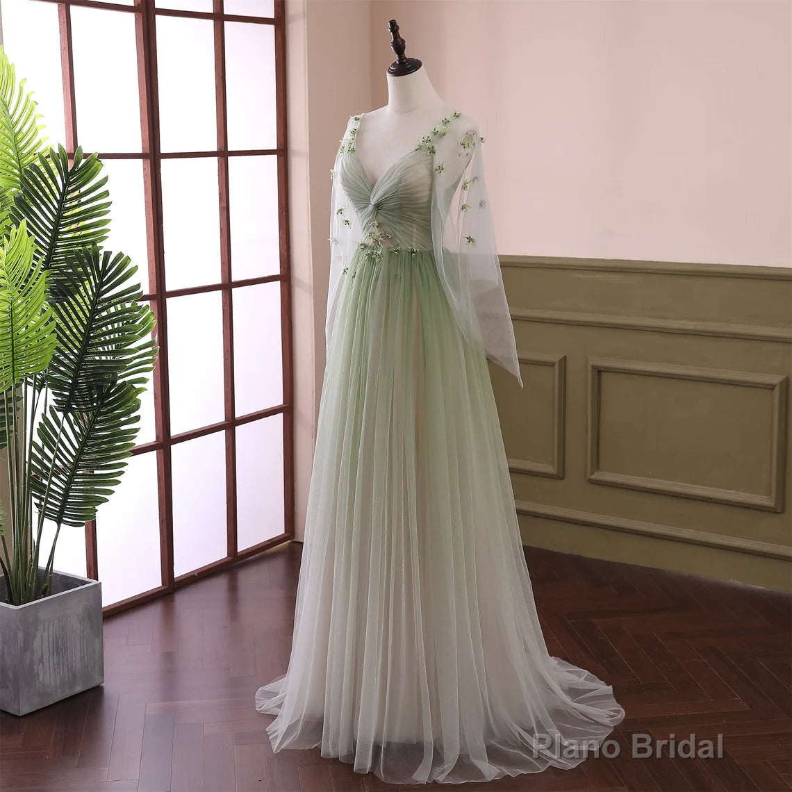 Beautiful Gradient Tulle Green Beaded Long Sleeves Party Dress,Green Formal Dresses Main image
