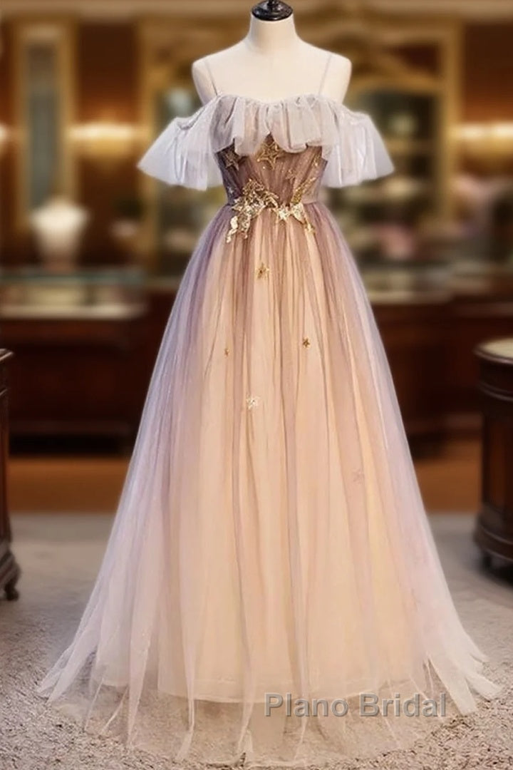 Beautiful Gradient Tulle With Straps Sweetheart Party Dresses, A-Line Tulle Evening Dresses Formal Prom Dresses