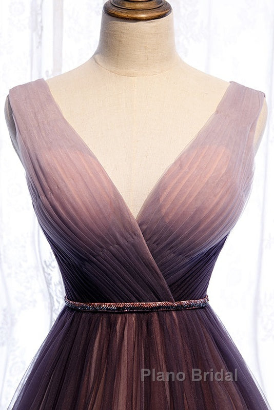 Beautiful Gradient V-Neckline Tulle Long Formal Prom Dresses Party Dresses, Gradient Evening Gown