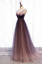 Beautiful Gradient V-Neckline Tulle Long Formal Prom Dresses Party Dresses, Gradient Evening Gown