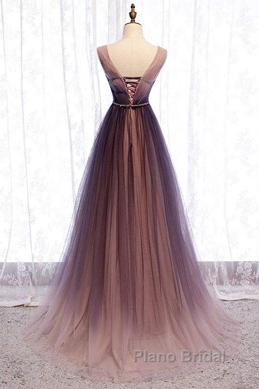 Beautiful Gradient V-Neckline Tulle Long Formal Prom Dresses Party Dresses, Gradient Evening Gown