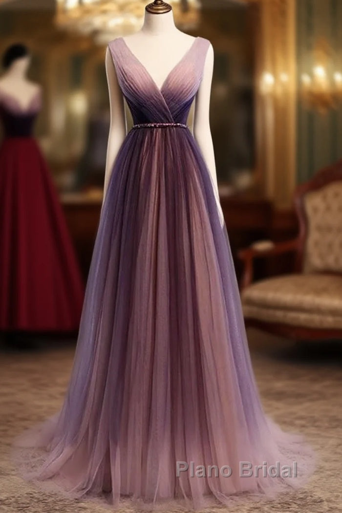 Beautiful Gradient V-Neckline Tulle Long Formal Prom Dresses Party Dresses, Gradient Evening Gown Main image