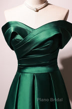 Beautiful Green Satin A-Line Off Shoulder Formal Prom Dresses, Green Evening Dresses Party Dresses