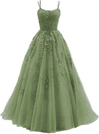 Beautiful Green Tulle With Lace Applique Formal Gown, Green Formal Evening Formal Prom Dresses