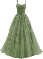 Beautiful Green Tulle With Lace Applique Formal Gown, Green Formal Evening Formal Prom Dresses