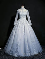 Beautiful Grey A-Line Long Sleeves With Lace Party Gown Sweet 16 Dresses Formal Prom Dresses