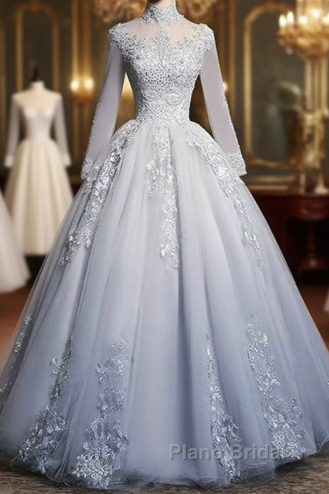 Beautiful Grey A-Line Long Sleeves With Lace Party Gown Sweet 16 Dresses Formal Prom Dresses Main image