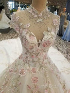 Beautiful Ivory High Neckline Tulle With Flower Lace Party Dresses, Ivory Wedding Dresses