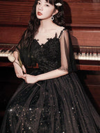 Beautiful Lace Applique Top Gradient Tulle Long Party Dresses, Black Long Formal Dresses Formal Prom Dresses