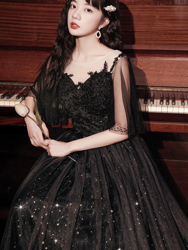Beautiful Lace Applique Top Gradient Tulle Long Party Dresses, Black Long Formal Dresses Formal Prom Dresses