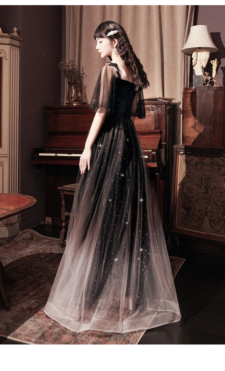 Beautiful Lace Applique Top Gradient Tulle Long Party Dresses, Black Long Formal Dresses Formal Prom Dresses