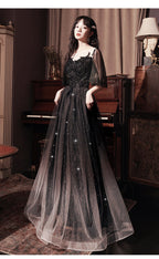 Beautiful Lace Applique Top Gradient Tulle Long Party Dresses, Black Long Formal Dresses Formal Prom Dresses