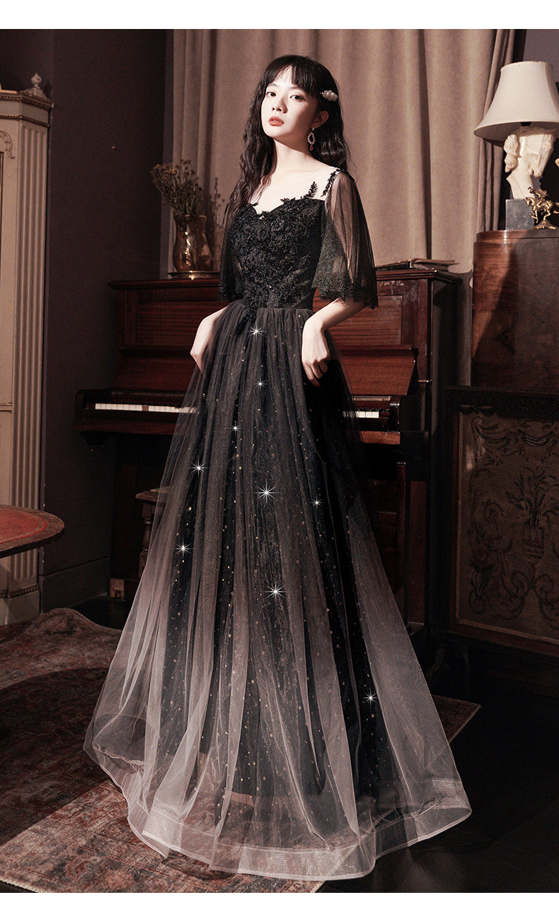 Beautiful Lace Applique Top Gradient Tulle Long Party Dresses, Black Long Formal Dresses Formal Prom Dresses