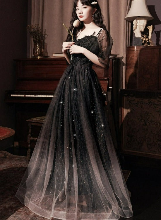 Beautiful Lace Applique Top Gradient Tulle Long Party Dresses, Black Long Formal Dresses Formal Prom Dresses