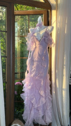 Beautiful Lavender Deep V-Neck Suspender Lace Ruffled Mermaid Formal Prom Dresses