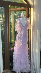 Beautiful Lavender Deep V-Neck Suspender Lace Ruffled Mermaid Formal Prom Dresses
