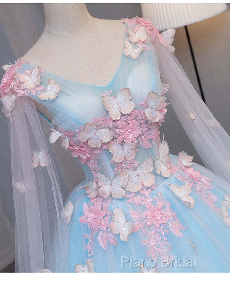 Beautiful Light Blue Butterfly Lace Ball Gown Formal Prom Dresses, Sweet 16 Formal Dresses