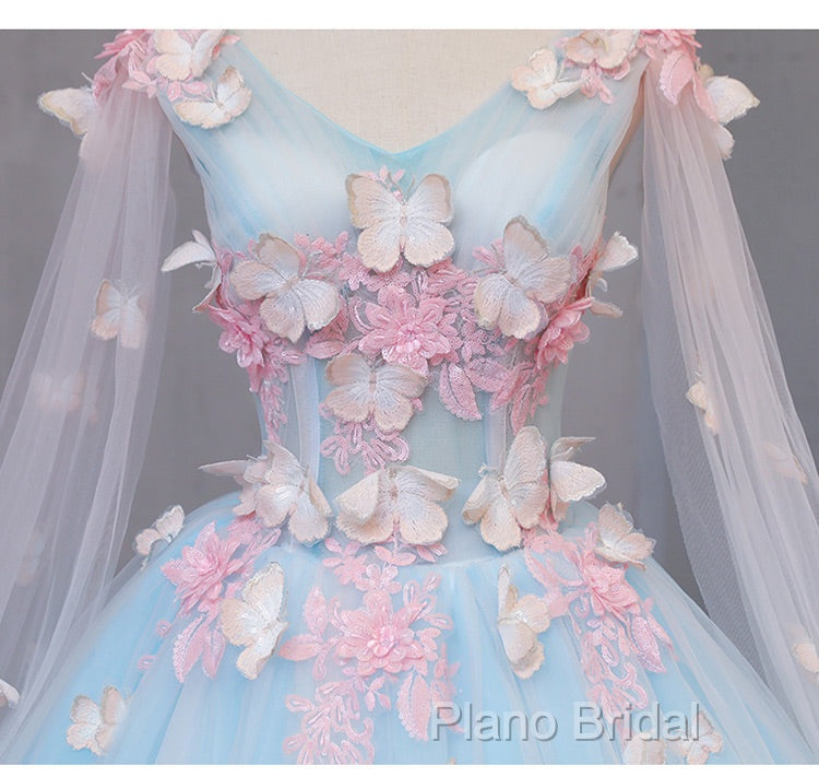 Beautiful Light Blue Butterfly Lace Ball Gown Formal Prom Dresses, Sweet 16 Formal Dresses