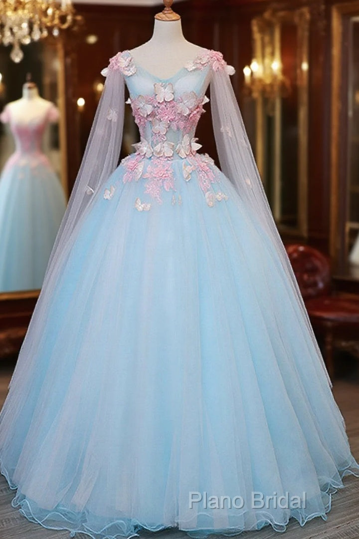 Beautiful Light Blue Butterfly Lace Ball Gown Formal Prom Dresses, Sweet 16 Formal Dresses Main image