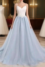 Beautiful Light Blue Tulle And White Top Long Wedding Party Gowns, Straps Junior Formal Prom Dresses