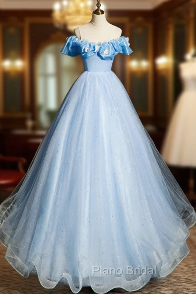 Beautiful Light Blue Tulle Off Shoulder Sweet 16 Dresses, Light Blue Formal Dresses Main image