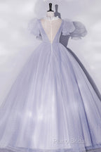 Beautiful Light Blue Tulle Sequins Formal Prom Dresses, Scoop Neck Short Sleeve Puffy Floor-Length Formal Dresses